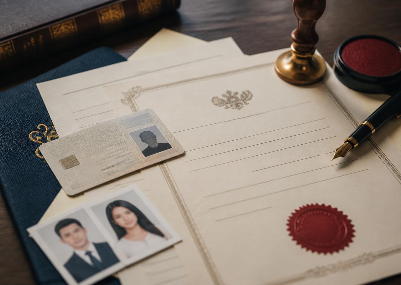 CNIC, passport photographs, Nikah Nama form, stamp and pen prepared for court marriage registration
