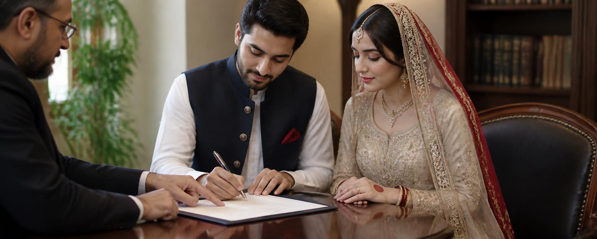 Couple signing a Nikah Nama with their lawyer during a court marriage in Pakistan
