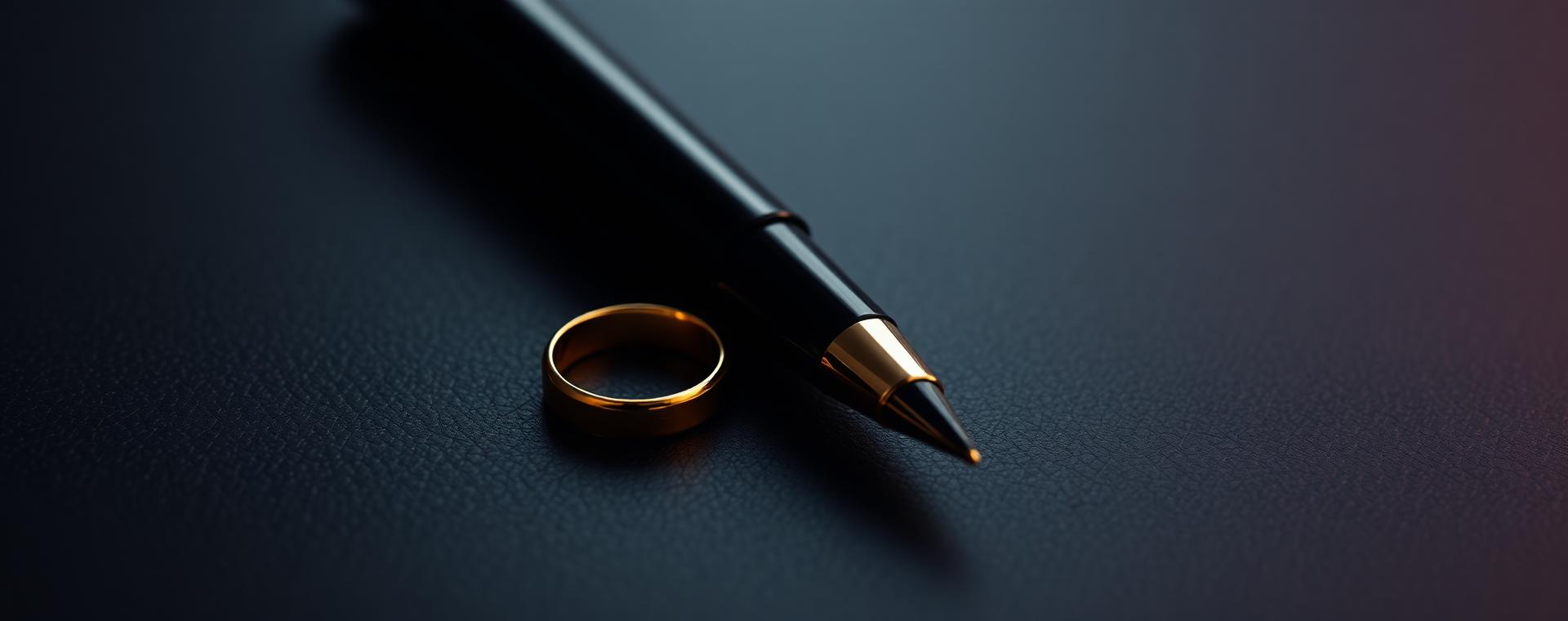 Wedding ring and pen on a dark desk, symbolising a legally documented nikah