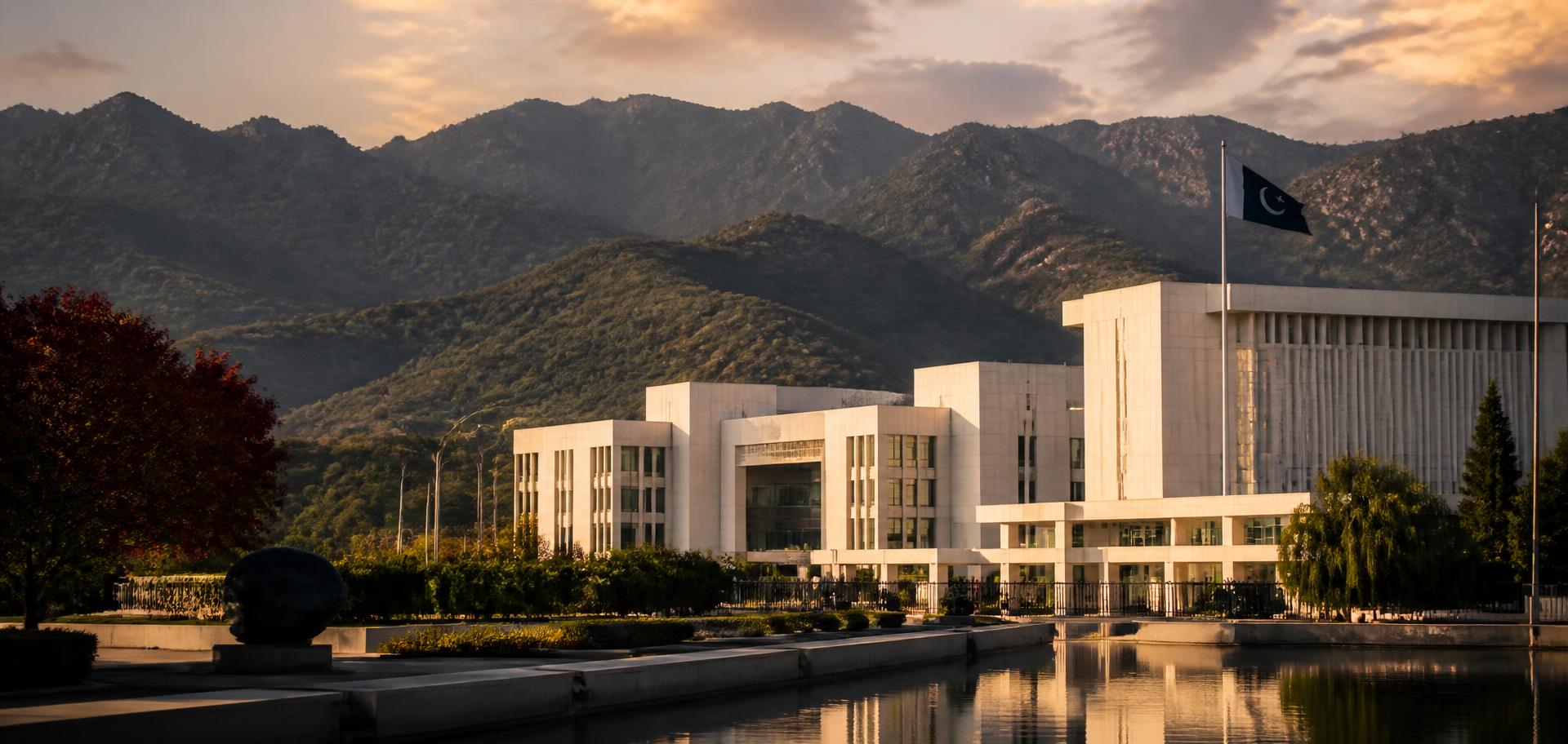 Islamabad institutional buildings against the Margalla Hills at golden hour