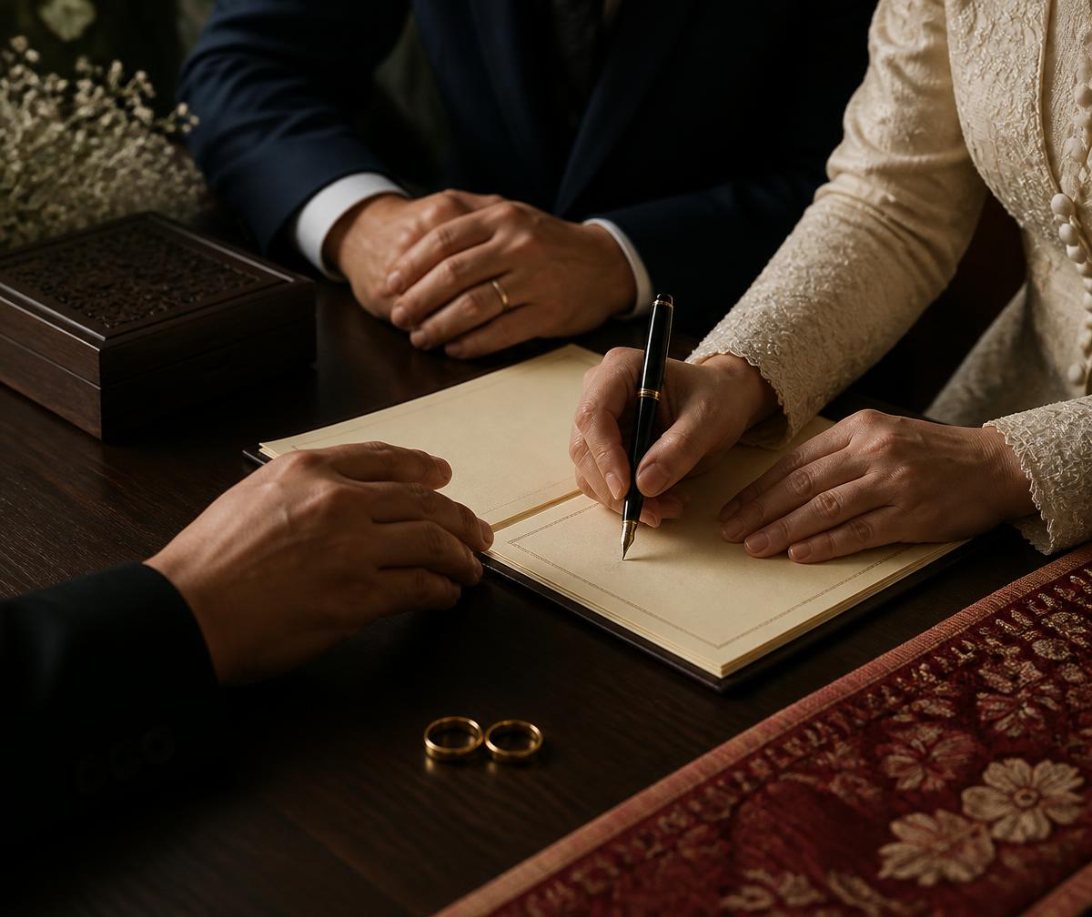 Conducted by a registered nikah khawan with two adult witnesses.