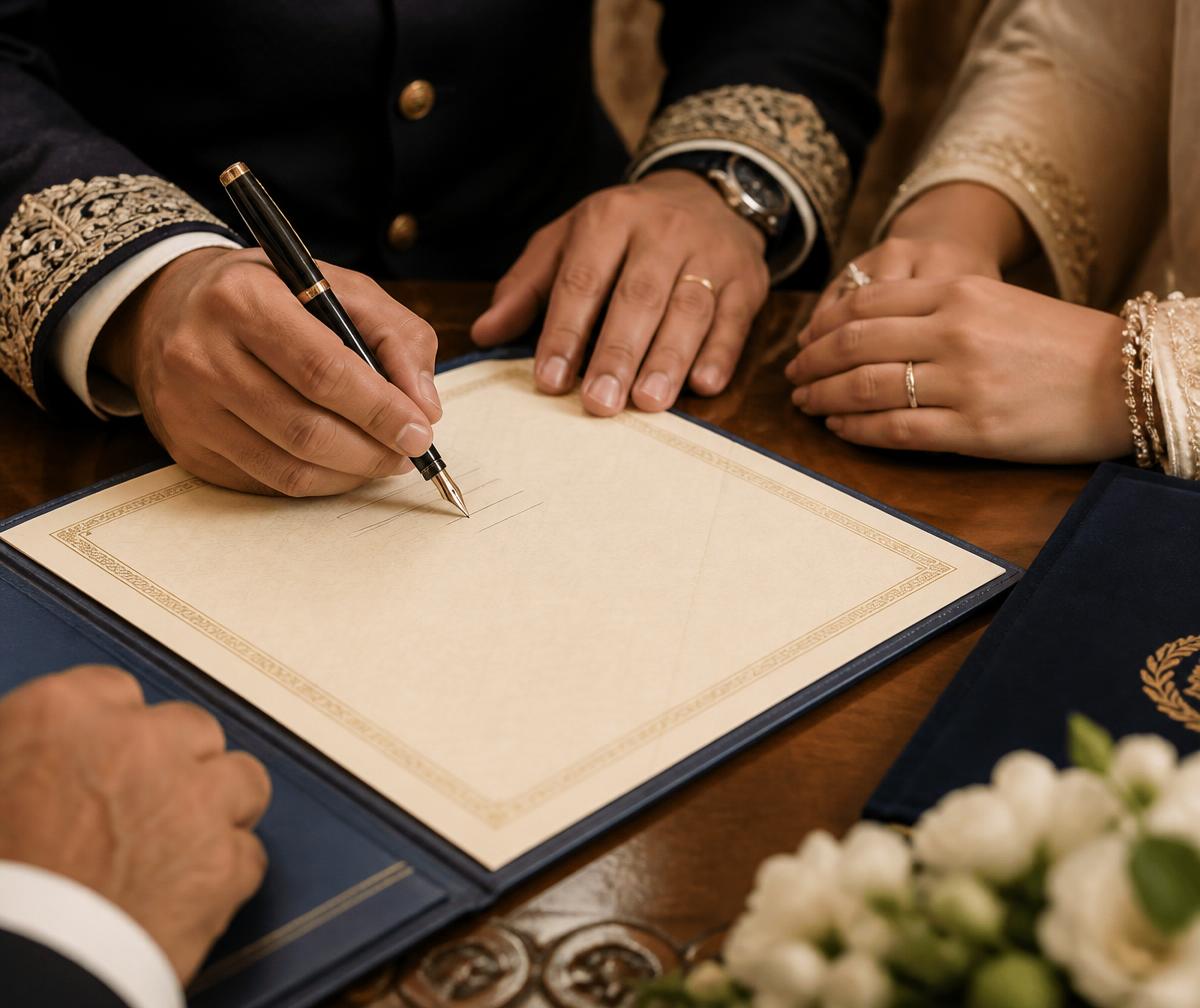 Conducted by a registered nikah khawan with two adult witnesses.