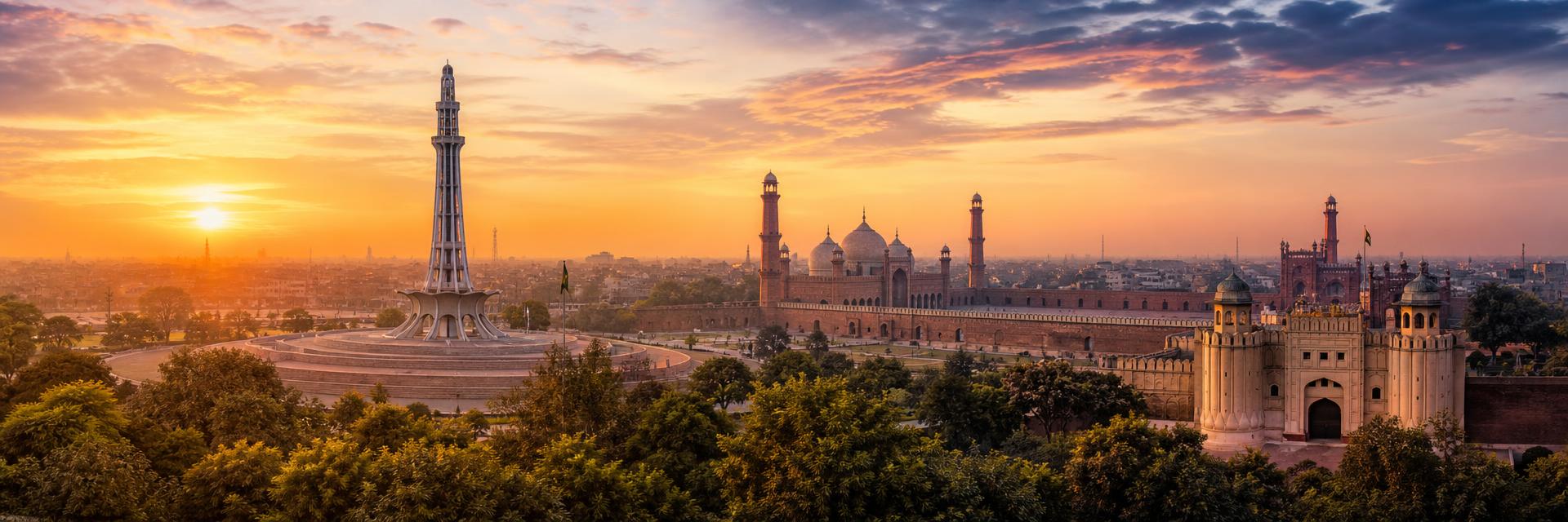 Lahore skyline with Mughal-era architecture near the Lahore High Court district at golden hour