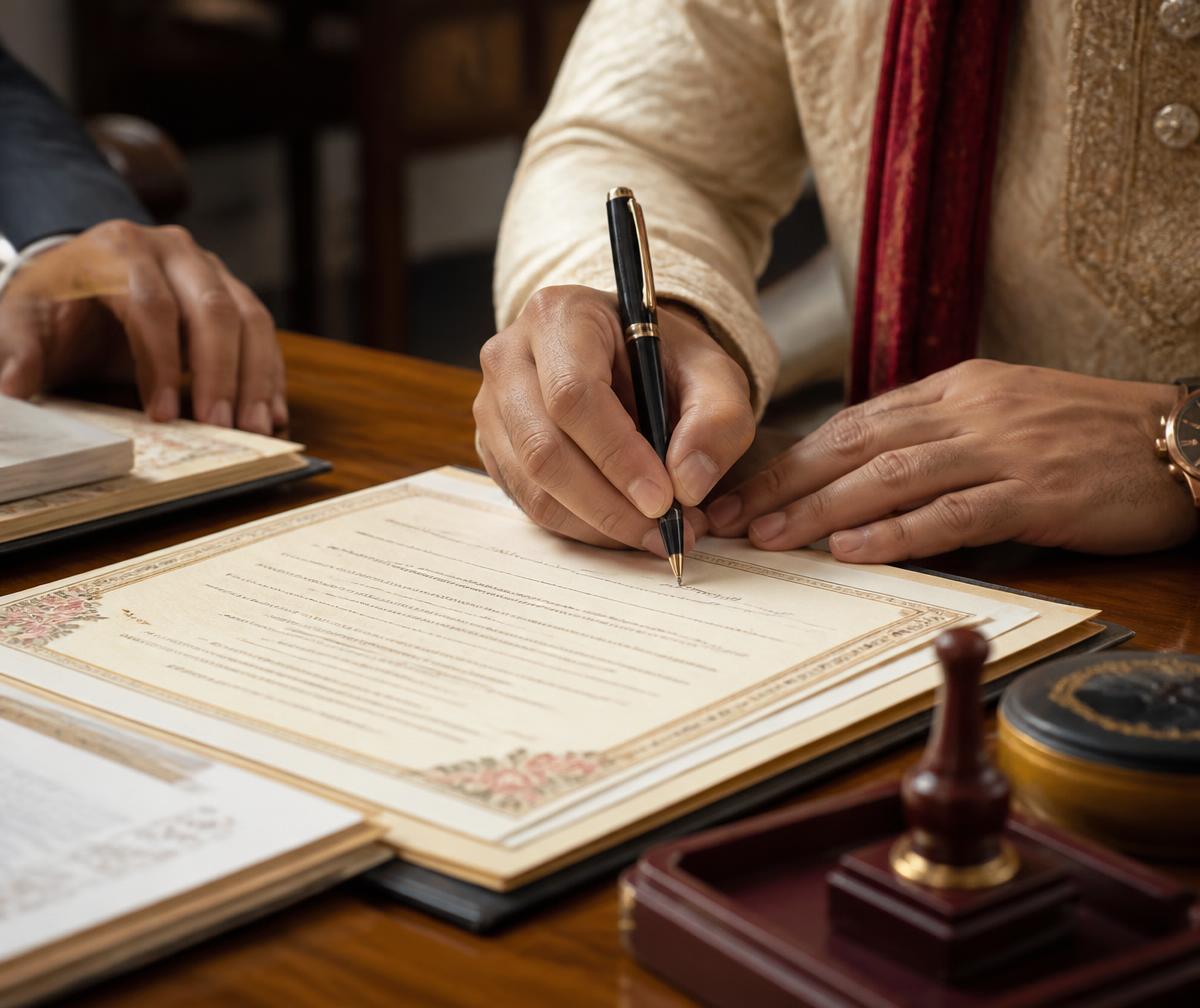 Conducted by a registered nikah khawan with two adult witnesses.