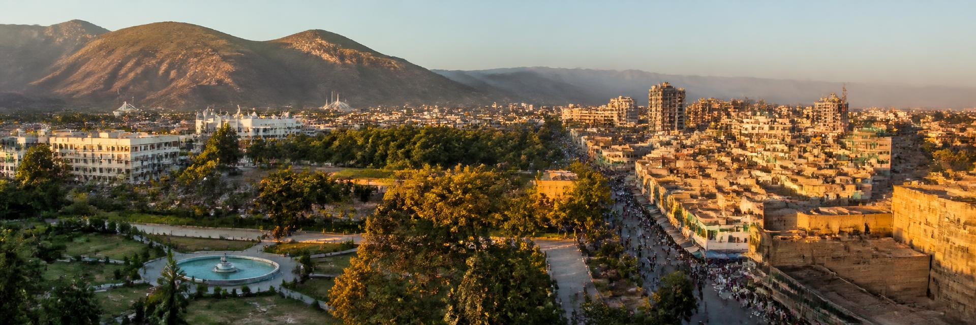 Rawalpindi cityscape with Liaquat Bagh, Saddar and Margalla Hills at golden hour