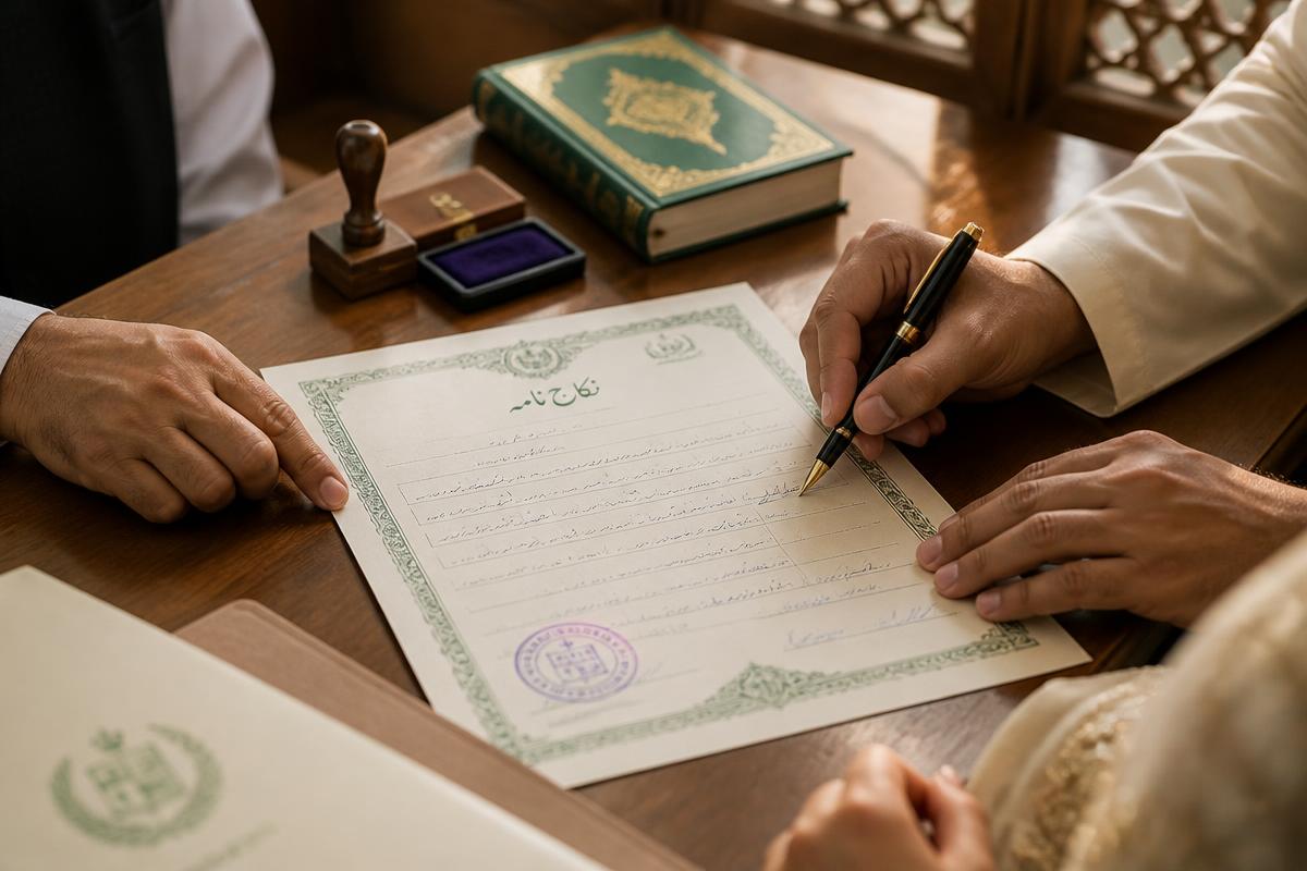 Conducted by a registered nikah khawan with two adult witnesses.